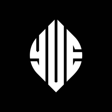 Çember ve elips şekilli yuvarlak harf logosu tasarımı. YUE elips harfleri tipografik tarzda. Üç baş harf daire şeklinde bir logo oluşturuyor. YUE Çember Amblemi Soyut Monogram Harf İşaretleyici Vektörü.