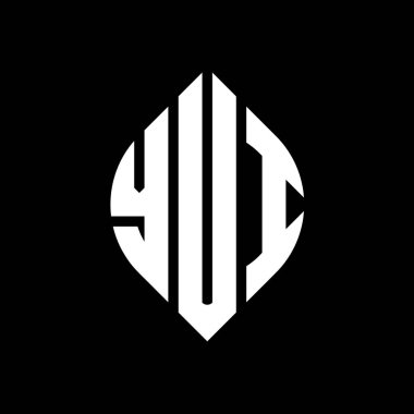 Çember ve elips şekilli YUI daire harf logosu tasarımı. YUI elips harfleri tipografik tarzda. Üç baş harf daire şeklinde bir logo oluşturuyor. YUI Çemberi Amblemi Soyut Monogram Harf İşaretleyici Vektörü.