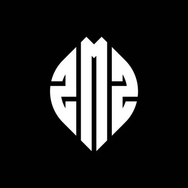 Çember ve elips şekilli ZMZ daire harf logosu tasarımı. Tipografik biçimli ZMZ elips harfleri. Üç baş harf daire şeklinde bir logo oluşturuyor. ZMZ Çember Amblemi Soyut Monogram Harf İşaretleyici Vektörü.