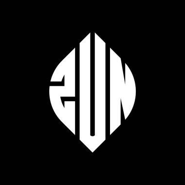 Çember ve elips şekilli ZUN daire harf logosu tasarımı. Typographic tarzında ZUN elips harfleri. Üç baş harf daire şeklinde bir logo oluşturuyor. ZUN Çemberi Amblemi Soyut Monogram Harf İşaretleme Vektörü.