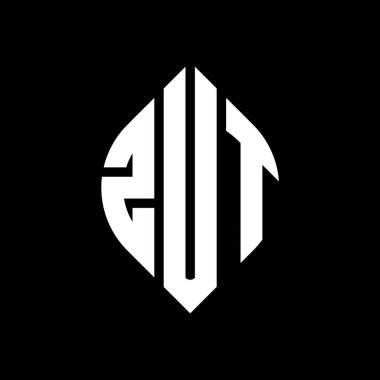 Çember ve elips şekilli ZUT daire harf logosu tasarımı. Typographic tarzında ZUT elips harfleri. Üç baş harf daire şeklinde bir logo oluşturuyor. ZUT Çemberi Amblemi Soyut Monogram Harf İşaretleyici Vektörü.