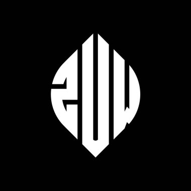 Çember ve elips şekilli ZUW daire harf logosu tasarımı. Typographic tarzında ZUW elips harfleri. Üç baş harf daire şeklinde bir logo oluşturuyor. ZUW Çember Amblemi Soyut Monogram Harf İşaretleyici Vektörü.