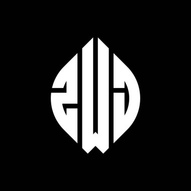 Çember ve elips şekilli ZWJ daire harf logosu tasarımı. Tipografik tarzda ZWJ elips harfleri. Üç baş harf daire şeklinde bir logo oluşturuyor. ZWJ Çember Amblemi Soyut Monogram Harf İşaretleyici Vektörü.