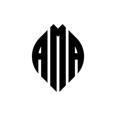 Çember ve elips şekilli AMA daire harf logosu tasarımı. Tipografik şekilli AMA elips harfleri. Üç baş harf daire şeklinde bir logo oluşturuyor. AMA Çember Amblemi Soyut Monogram Harf İşaretleme Vektörü.