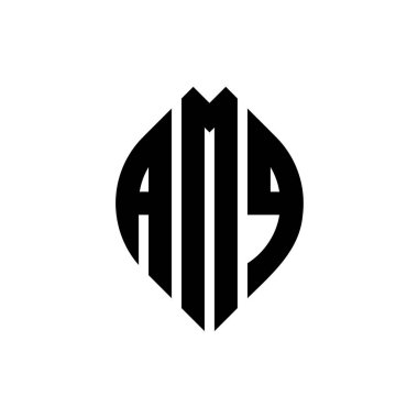 Çember ve elips şekilli AMQ daire harf logosu tasarımı. Tipografik tarzda AMQ elips harfleri. Üç baş harf daire şeklinde bir logo oluşturuyor. AMQ Çemberi Amblemi Soyut Monogram Harf İşaretleyici Vektörü.