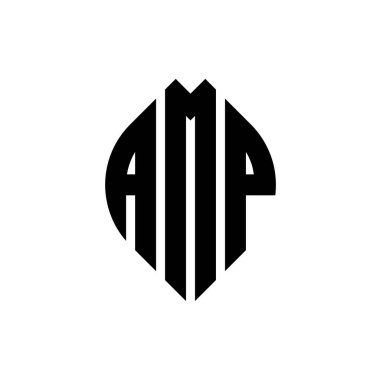 Çember ve elips şekilli AMP daire harf logosu tasarımı. Tipografik şekilli AMP elips harfleri. Üç baş harf daire şeklinde bir logo oluşturuyor. AMP Çember Amblemi Soyut Monogram Harf İşaretleyici Vektörü.