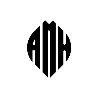 Çember ve elips şekilli AMX daire harf logosu tasarımı. Tipografik şekilli AMX elips harfleri. Üç baş harf daire şeklinde bir logo oluşturuyor. AMX Çember Amblemi Soyut Monogram Harf İşaretleme Vektörü.