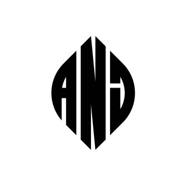Daire ve elips şekilli ANJ daire harf logosu tasarımı. Daktilo tarzında ANJ elips harfleri. Üç baş harf daire şeklinde bir logo oluşturuyor. ANJ Çember Amblemi Soyut Monogram Harf İşaretleme Vektörü.