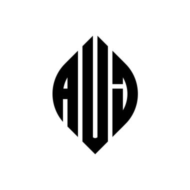 Çember ve elips şekilli AUJ daire harf logosu tasarımı. Tipografik biçimli AUJ elips harfleri. Üç baş harf daire şeklinde bir logo oluşturuyor. AUJ Çember Amblemi Soyut Monogram Harf İşaretleyici Vektörü.