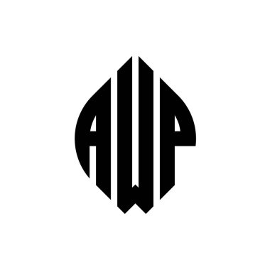 Çember ve elips şekilli AWP daire harf logosu tasarımı. Tipografik biçimli AWP elips harfleri. Üç baş harf daire şeklinde bir logo oluşturuyor. AWP Çember Amblemi Soyut Monogram Harf İşaretleyici Vektörü.