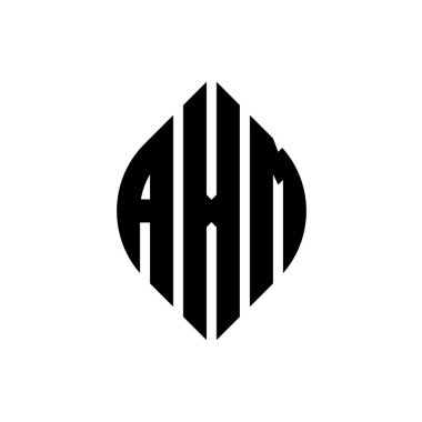 Çember ve elips şekilli AXM daire harf logosu tasarımı. Tipografik biçimli AXM elips harfleri. Üç baş harf daire şeklinde bir logo oluşturuyor. AXM Çember Amblemi Soyut Monogram Harf İşaretleyici Vektörü.
