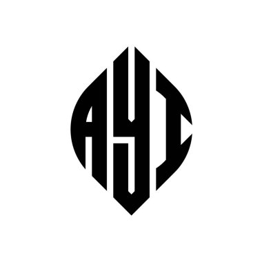 Dairesel ve elips şekilli AYI daire harf logosu tasarımı. Tipografik şekilli AYI elips harfleri. Üç baş harf daire şeklinde bir logo oluşturuyor. AYI Çember Amblemi Soyut Monogram Harf İşaretleyici Vektörü.