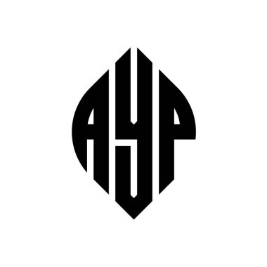 Dairesel ve elips şekilli AYP daire harf logosu tasarımı. Tipografik biçimli AYP elips harfleri. Üç baş harf daire şeklinde bir logo oluşturuyor. AYP Çember Amblemi Soyut Monogram Harf İşaretleyici Vektörü.