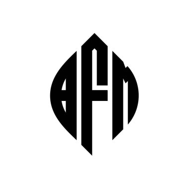Çember ve elips şekilli BFM daire harf logosu tasarımı. Tipografik biçimli BFM elips harfleri. Üç baş harf daire şeklinde bir logo oluşturuyor. BFM Çember Amblemi Soyut Monogram Harf İşaretleyici Vektörü.