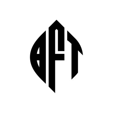 Çember ve elips şekilli BFT daire harf logosu tasarımı. Tipografik biçimli BFT elips harfleri. Üç baş harf daire şeklinde bir logo oluşturuyor. BFT Çember Amblemi Soyut Monogram Harf İşaretleyici Vektörü.
