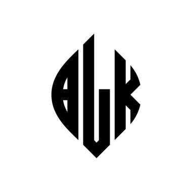 Çember ve elips şekilli BLK daire harf logosu tasarımı. Tipografik biçimli BLK elips harfleri. Üç baş harf daire şeklinde bir logo oluşturuyor. BLK Çember Amblemi Soyut Monogram Harf İşaretleyici Vektörü.