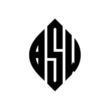 Çember ve elips şekilli BSW daire harf logosu tasarımı. Tipografik biçimli elips harfler. Üç baş harf daire şeklinde bir logo oluşturuyor. BSW Çember Amblemi Soyut Monogram Harf İşaretleyici Vektörü.