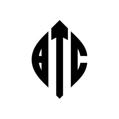 Çember ve elips şekilli BTC daire harf logosu tasarımı. Tipografik biçimli BTC elips harfleri. Üç baş harf daire şeklinde bir logo oluşturuyor. BTC Çember Amblemi Soyut Monogram Harf İşaretleyici Vektörü.