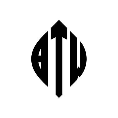 Çember ve elips şekilli BTW daire harf logosu tasarımı. Tipografik biçimli elips harfler. Üç baş harf daire şeklinde bir logo oluşturuyor. BTW Çember Amblemi Soyut Monogram Harf İşaretleyici Vektörü.