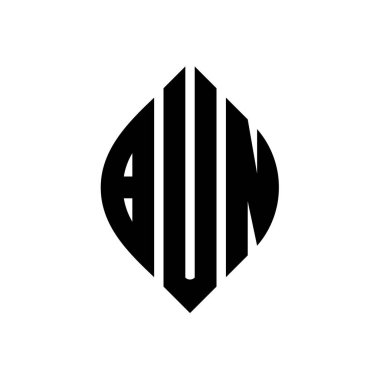 BUN daire şeklinde ve elips şekilli harf logosu tasarımı. Typographic tarzında BUN elips harfleri. Üç baş harf daire şeklinde bir logo oluşturuyor. BUN Çemberi Amblemi Soyut Monogram Harf İşaretleme Vektörü.