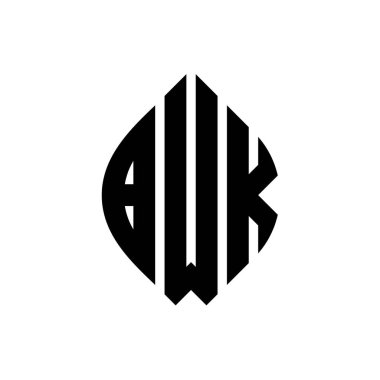 Çember ve elips şekilli BWK daire harf logosu tasarımı. Tipografik biçimli BWK elips harfleri. Üç baş harf daire şeklinde bir logo oluşturuyor. BWK Çemberi Amblemi Soyut Monogram Harf İşaretleyici Vektörü.