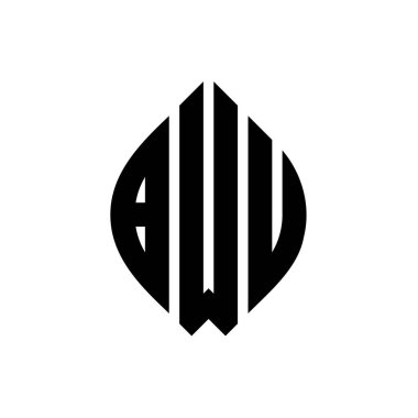 Çember ve elips şekilli BWU daire harf logosu tasarımı. Tipografik biçimli BWU elips harfleri. Üç baş harf daire şeklinde bir logo oluşturuyor. BWU Çember Amblemi Soyut Monogram Harf İşaretleyici Vektörü.