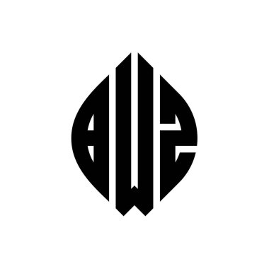 Çember ve elips şekilli BWZ daire harf logosu tasarımı. Tipografik biçimli BWZ elips harfleri. Üç baş harf daire şeklinde bir logo oluşturuyor. BWZ Çember Amblemi Soyut Monogram Harf İşaretleyici Vektörü.