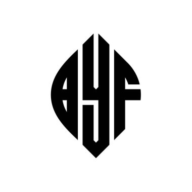 Çember ve elips şekilli BYF daire harf logosu tasarımı. Tipografik tarzda BYF elips harfleri. Üç baş harf daire şeklinde bir logo oluşturuyor. BYF Çember Amblemi Soyut Monogram Harf İşaretleyici Vektörü.