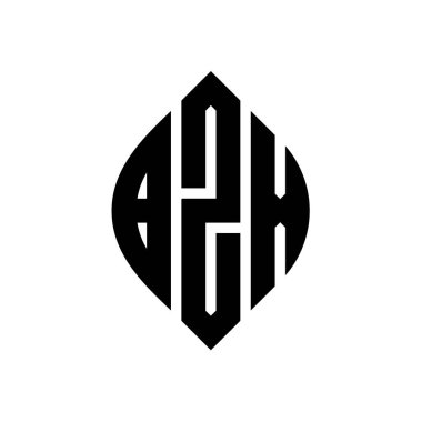 Çember ve elips şekilli BZX daire harf logosu tasarımı. Tipografik biçimli BZX elips harfleri. Üç baş harf daire şeklinde bir logo oluşturuyor. BZX Çember Amblemi Soyut Monogram Harf İşaretleyici Vektörü.