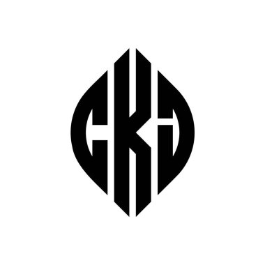 Çember ve elips şekilli CKJ harf logosu tasarımı. Tipografik biçimli CKJ elips harfleri. Üç baş harf daire şeklinde bir logo oluşturuyor. CKJ Çember Amblemi Soyut Monogram Harf İşaretleyici Vektörü.