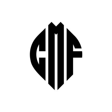 Çember ve elips şekilli CMF daire harf logosu tasarımı. Tipografik biçimli CMF elips harfleri. Üç baş harf daire şeklinde bir logo oluşturuyor. CMF Çember Amblemi Soyut Monogram Harf İşaretleyici Vektörü.