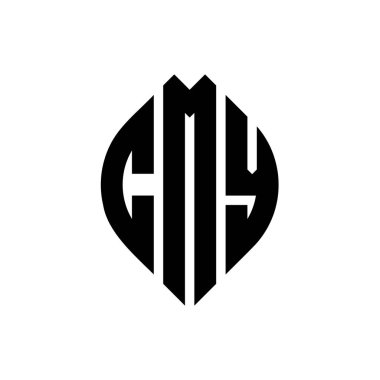Çember ve elips şekilli CMY yuvarlak harf logosu tasarımı. Tipografik şekilli CMY elips harfleri. Üç baş harf daire şeklinde bir logo oluşturuyor. CMY Çemberi Amblemi Soyut Monogram Harf İşaretleme Vektörü.