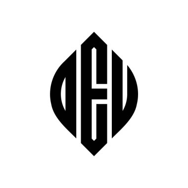 Daire ve elips şekilli DEU yuvarlak harf logosu tasarımı. Daktilo tarzında DEU elips harfleri. Üç baş harf daire şeklinde bir logo oluşturuyor. DEU Çember Amblemi Soyut Monogram Harf İşaretleme Vektörü.