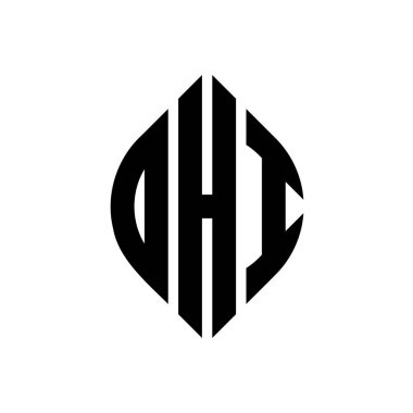 Çember ve elips şekilli DHI daire harf logosu tasarımı. DHI elips harfleri tipografik tarzda. Üç baş harf daire şeklinde bir logo oluşturuyor. DHI Çember Amblemi Soyut Monogram Harf İşaretleme Vektörü.