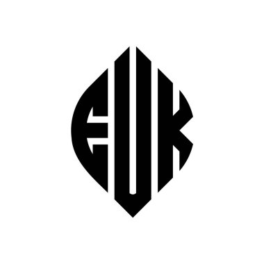 EUK daire harfli logo dizaynı daire ve elips şeklinde. EUK elips harfleri tipografik tarzda. Üç baş harf daire şeklinde bir logo oluşturuyor. EUK Çember Amblemi Soyut Monogram Harf İşaretleme Vektörü.