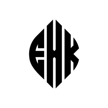 Çember ve elips şekilli EXK daire harf logosu tasarımı. Baskı biçiminde EXK elips harfleri. Üç baş harf daire şeklinde bir logo oluşturuyor. EXK Çember Amblemi Soyut Monogram Harf İşaretleme Vektörü.