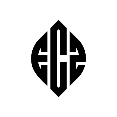 Çember ve elips şekilli ECZ daire harf logosu tasarımı. Tipografik biçimli ECZ elips harfleri. Üç baş harf daire şeklinde bir logo oluşturuyor. ECZ Çember Amblemi Soyut Monogram Harf İşaretleyici Vektörü.