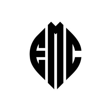 Çember ve elips şekilli EMC daire harf logosu tasarımı. Daktilo tarzında EMC elips harfleri. Üç baş harf daire şeklinde bir logo oluşturuyor. EMC Çember Amblemi Soyut Monogram Harf İşaretleme Vektörü.