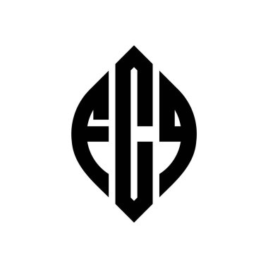 Çember ve elips şekilli FCQ daire harf logosu tasarımı. Tipografik biçimli FCQ elips harfleri. Üç baş harf daire şeklinde bir logo oluşturuyor. FCQ Çember Amblemi Soyut Monogram Harf İşaretleyici Vektörü.
