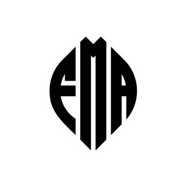 Çember ve elips şekilli FMA daire harf logosu tasarımı. FMA elips harfleri tipografik tarzda. Üç baş harf daire şeklinde bir logo oluşturuyor. FMA Çemberi Amblemi Soyut Monogram Harf İşaretleyici Vektörü.