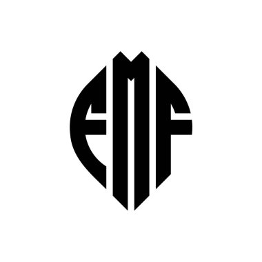 Çember ve elips şekilli FMF daire harf logosu tasarımı. Tipografik biçimli FMF elips harfleri. Üç baş harf daire şeklinde bir logo oluşturuyor. FMF Çember Amblemi Soyut Monogram Harf İşaretleyici Vektörü.