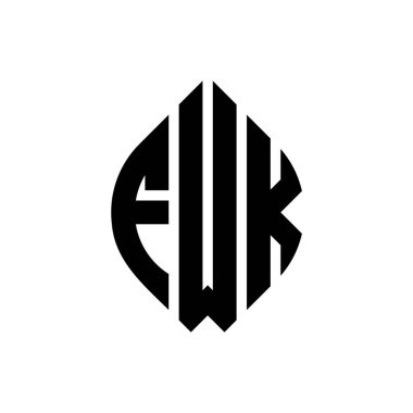 Çember ve elips şekilli FWK daire harf logosu tasarımı. Tipografik biçimli FWK elips harfleri. Üç baş harf daire şeklinde bir logo oluşturuyor. FWK Çember Amblemi Soyut Monogram Harf İşaretleyici Vektörü.