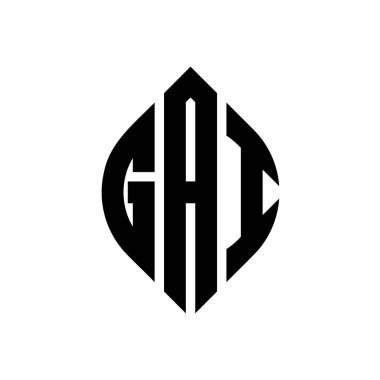 Çember ve elips şekilli GAI daire harf logosu tasarımı. Tipografik şekilli GAI elips harfleri. Üç baş harf daire şeklinde bir logo oluşturuyor. GAI Çember Amblemi Soyut Monogram Harf İşaretleyici Vektörü.