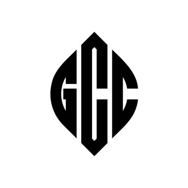 Çember ve elips şekilli GCC daire harf logosu tasarımı. Tipografik biçimli GCC elips harfleri. Üç baş harf daire şeklinde bir logo oluşturuyor. GCC Çember Amblemi Soyut Monogram Harf İşaretleyici Vektörü.