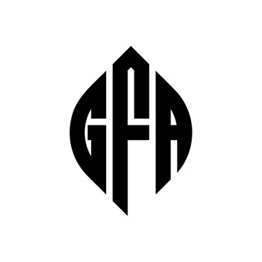Çember ve elips şekilli GFA daire harf logosu tasarımı. Tipografik şekilli GFA elips harfleri. Üç baş harf daire şeklinde bir logo oluşturuyor. GFA Çember Amblemi Soyut Monogram Harf İşaretleme Vektörü.