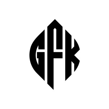 Çember ve elips şekilli GFK daire harf logosu tasarımı. Tipografik biçimli GFK elips harfleri. Üç baş harf daire şeklinde bir logo oluşturuyor. GFK Çember Amblemi Soyut Monogram Harf İşaretleyici Vektörü.