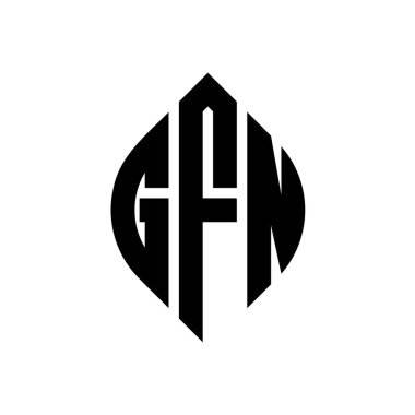 Çember ve elips şekilli GFN daire harf logosu tasarımı. Tipografik biçimli GFN elips harfleri. Üç baş harf daire şeklinde bir logo oluşturuyor. GFN Çember Amblemi Soyut Monogram Harf İşaretleyici Vektörü.