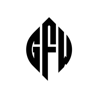 Çember ve elips şekilli GFW daire harf logosu tasarımı. Tipografik biçimli GFW elips harfleri. Üç baş harf daire şeklinde bir logo oluşturuyor. GFW Çember Amblemi Soyut Monogram Harf İşaretleyici Vektörü.