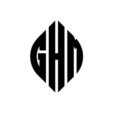 Çember ve elips şekilli GHM daire harf logosu tasarımı. Tipografik tarzda GHM elips harfleri. Üç baş harf daire şeklinde bir logo oluşturuyor. GHM Çember Amblemi Soyut Monogram Harf İşaretleme Vektörü.