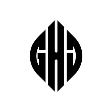 Çember ve elips şekilli GXJ daire harf logosu tasarımı. Tipografik biçimli GXJ elips harfleri. Üç baş harf daire şeklinde bir logo oluşturuyor. GXJ Çember Amblemi Soyut Monogram Harf İşaretleyici Vektörü.